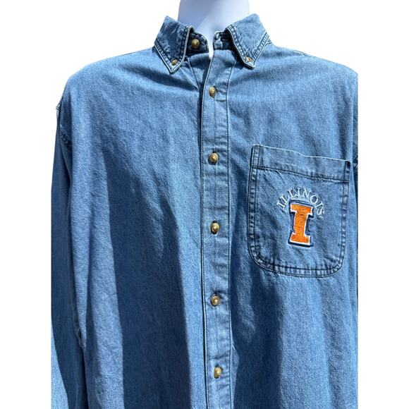 VTG 90's Illini U of I Fighting Denim button up shirt SZ L Joe College Authentic - Picture 2 of 4